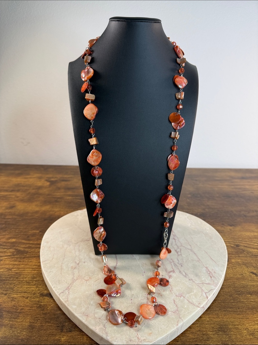 Long Orange Shell & Bead Statement Necklace